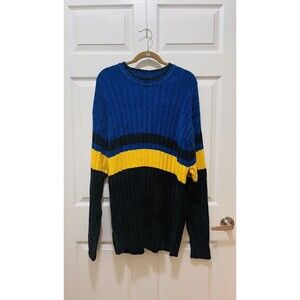 Mens Sweater Pullover Long Sleeve Size L Colorblock Blue Trust